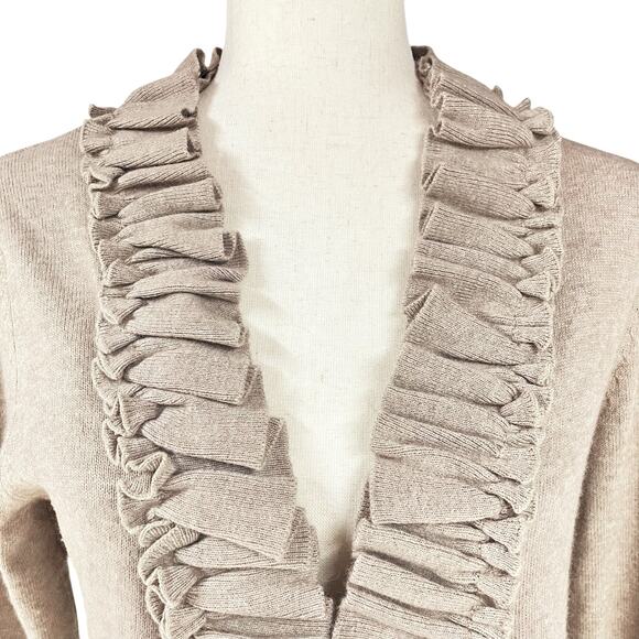 ANTHROPOLOGIE TABITHA Swift Current Ruffle-Front Tan Cardigan Size M Lambswool - Picture 2 of 9